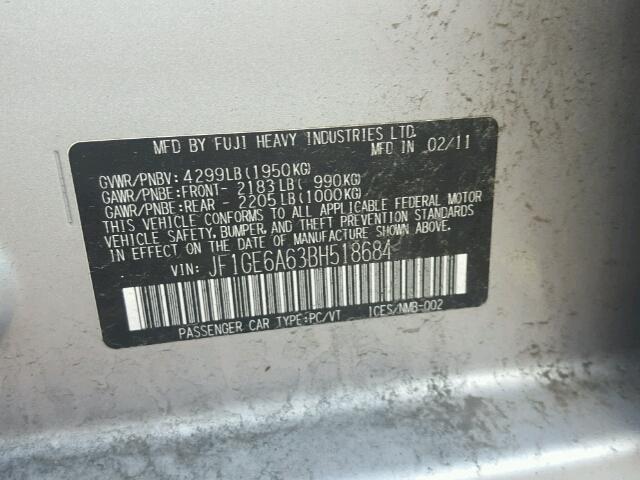 JF1GE6A63BH518684 - 2011 SUBARU IMPREZA 2. SILVER photo 10