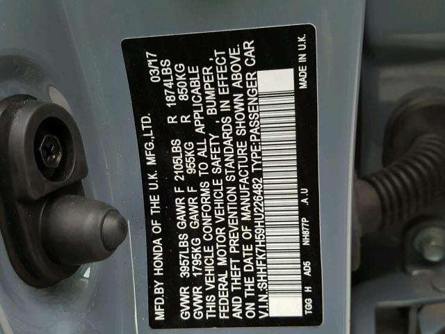 SHHFK7H59HU226482 - 2017 HONDA CIVIC EX ლურჯი ფოტო 10