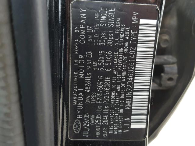 KM8JN72D46U261482 - 2006 HYUNDAI TUCSON GLS BLACK photo 10