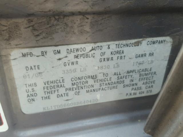 KL1TD56606B640420 - 2006 CHEVROLET AVEO BASE Մոխրագույն լուսանկար 10