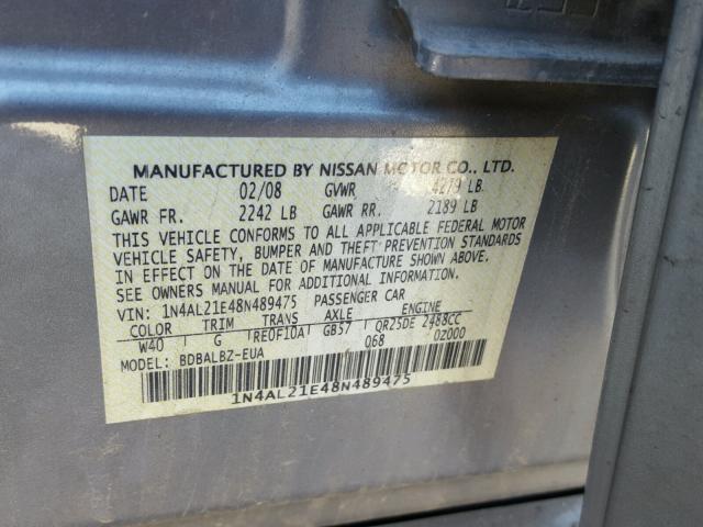 1N4AL21E48N489475 - 2008 NISSAN ALTIMA 2.5 SILVER photo 10