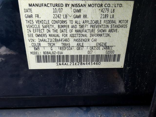 1N4AL21E28N445460 - 2008 NISSAN ALTIMA 2.5 BLUE photo 10