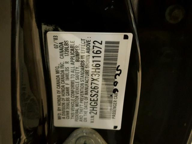 2HGES267X3H611672 - 2003 HONDA CIVIC EX შავი ფოტო 10