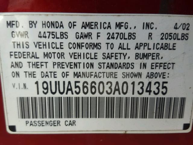 19UUA56603A013435 - 2003 ACURA 3.2TL RED photo 10