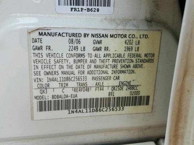 1N4AL11D86C256533 - 2006 NISSAN ALTIMA S WHITE photo 10