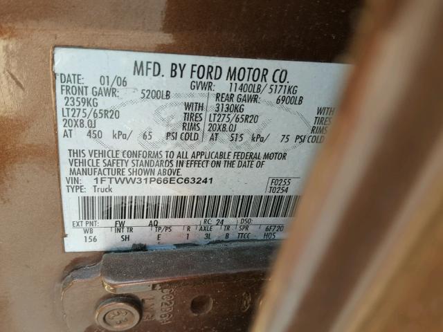 1FTWW31P66EC63241 - 2006 FORD F350 SRW S BROWN photo 10