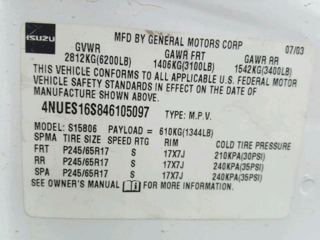 4NUES16S846105097 - 2004 ISUZU ASCENDER S 白色 照片 10