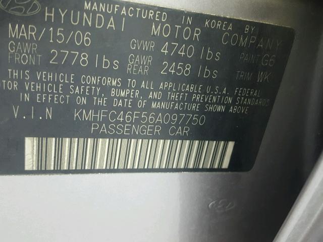 KMHFC46F56A097750 - 2006 HYUNDAI AZERA SE CHARCOAL photo 10