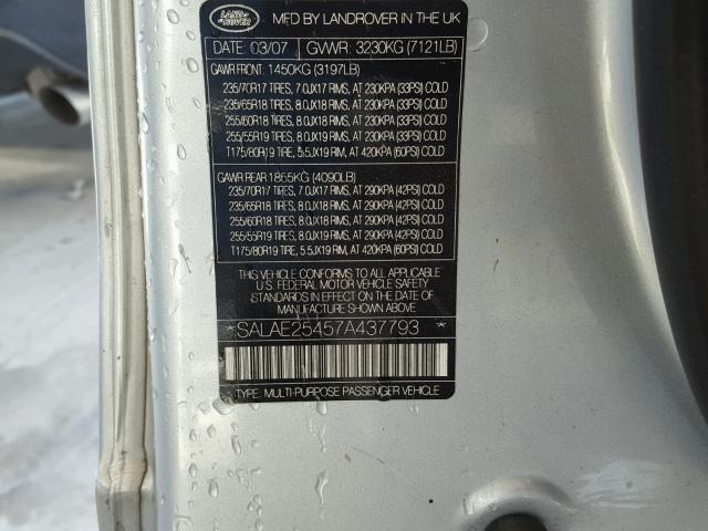 SALAE25457A437793 - 2007 LAND ROVER LR3 SE SILVER photo 10