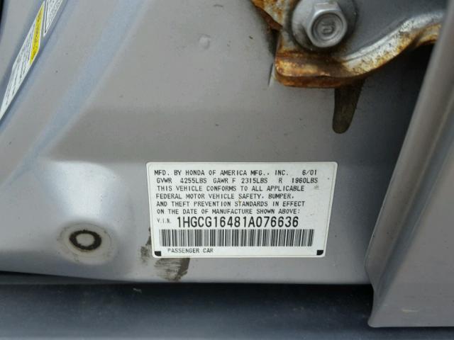 1HGCG16481A076636 - 2001 HONDA ACCORD LX SILVER photo 10