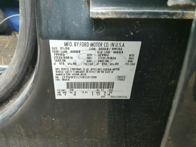 1FTNW21L74EC01508 - 2004 FORD F250 SUPER GRAY photo 10