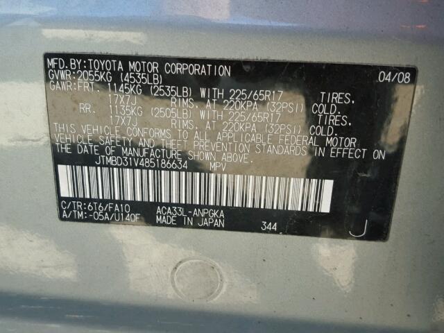 JTMBD31V485186634 - 2008 TOYOTA RAV4 LIMIT BLACK photo 10