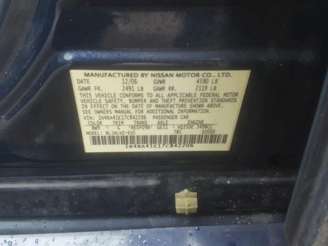 1N4BA41E17C842206 - 2007 NISSAN MAXIMA SE BLUE photo 10