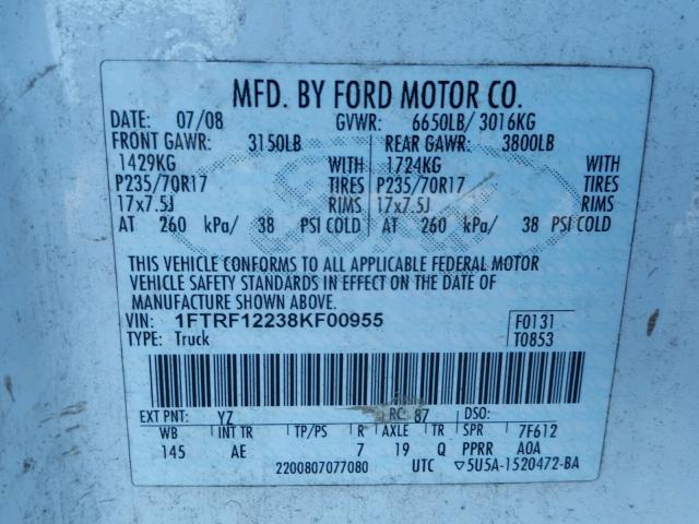 1FTRF12238KF00955 - 2008 FORD F150 WHITE photo 10