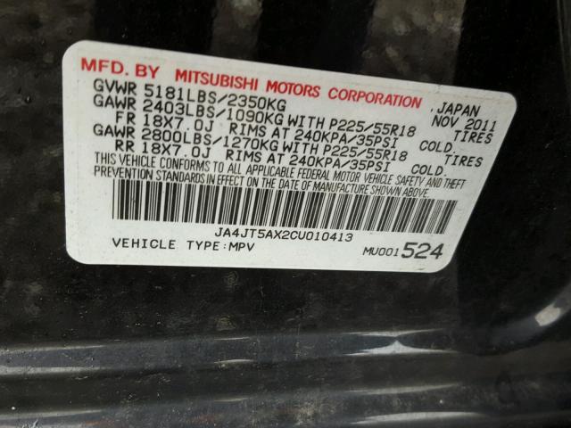 JA4JT5AX2CU010413 - 2012 MITSUBISHI OUTLANDER BLACK photo 10