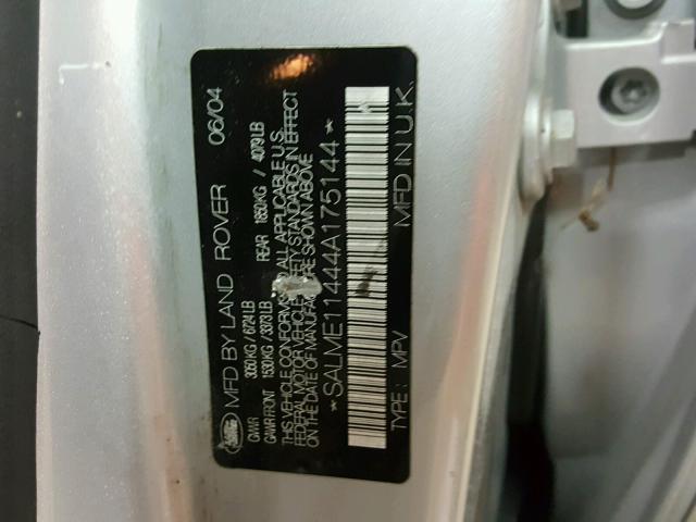 SALME11444A175144 - 2004 LAND ROVER RANGE ROVE SILVER photo 10