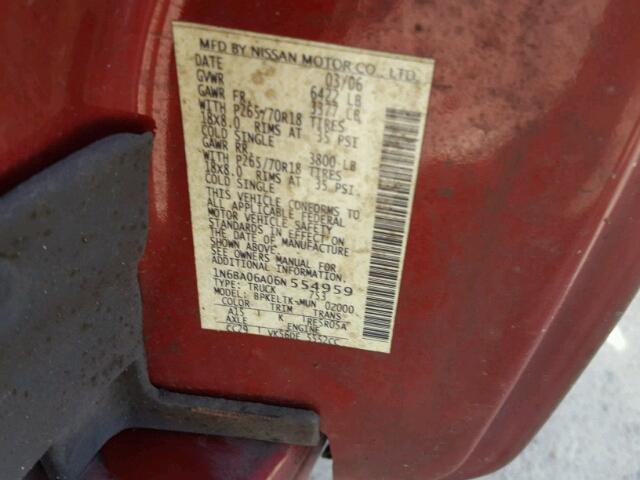 1N6BA06A06N554959 - 2006 NISSAN TITAN XE RED photo 10