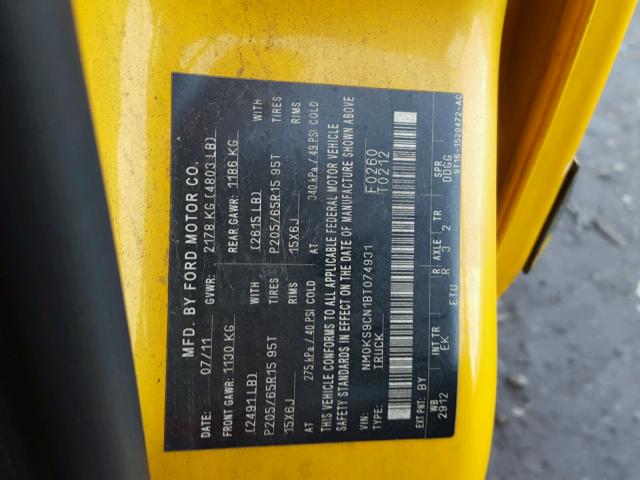 NM0KS9CN1BT074931 - 2011 FORD TRANSIT CO YELLOW photo 10