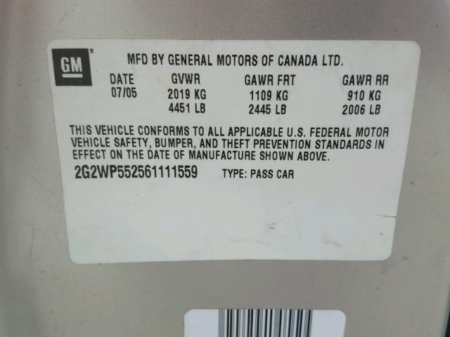 2G2WP552561111559 - 2006 PONTIAC GRAND PRIX SILVER photo 10