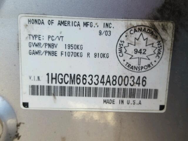 1HGCM66334A800346 - 2004 HONDA ACCORD LX SILVER photo 10