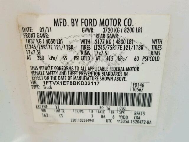 1FTVX1EF8BKD32117 - 2011 FORD F150 SUPER WHITE photo 10