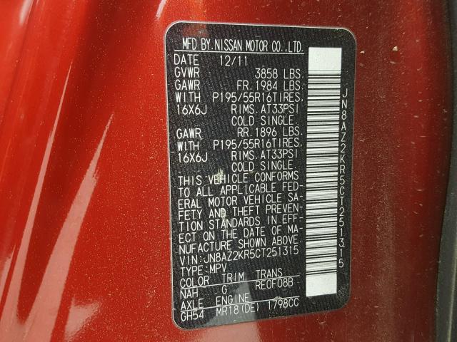 JN8AZ2KR5CT251315 - 2012 NISSAN CUBE BASE RED photo 10