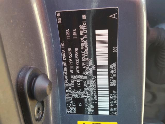 2T2BZMCA1GC022773 - 2016 LEXUS RX 350 SILVER photo 10