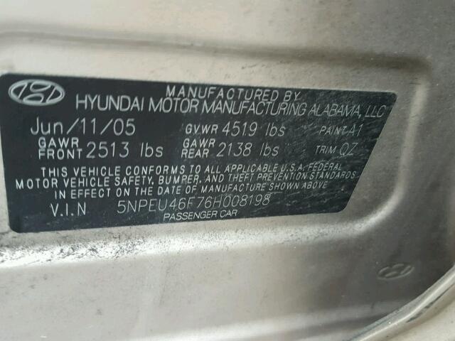 5NPEU46F76H008198 - 2006 HYUNDAI SONATA GLS TAN photo 10