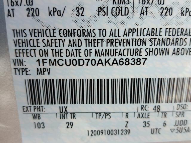 1FMCU0D70AKA68387 - 2010 FORD ESCAPE XLT SILVER photo 10