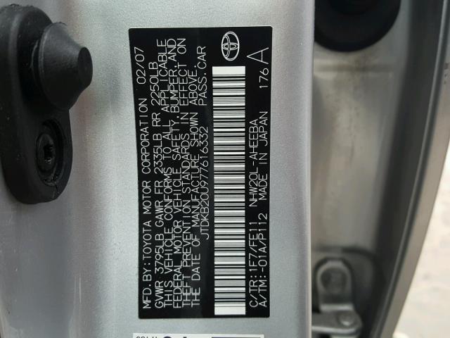 JTDKB20U977616332 - 2007 TOYOTA PRIUS SILVER photo 10