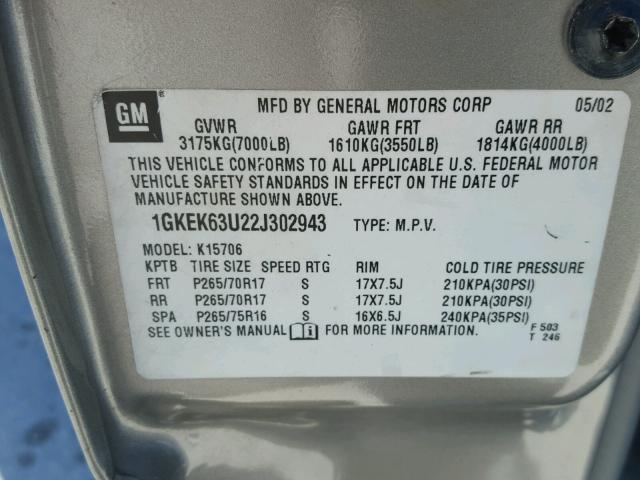 1GKEK63U22J302943 - 2002 GMC DENALI BEIGE photo 10