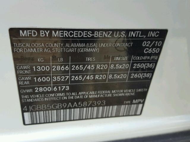 4JGBB5GB9AA587393 - 2010 MERCEDES-BENZ ML 350 WHITE photo 10