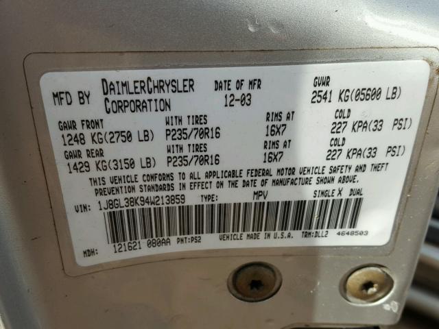 1J8GL38K94W213859 - 2004 JEEP LIBERTY RE 灰色 照片 10