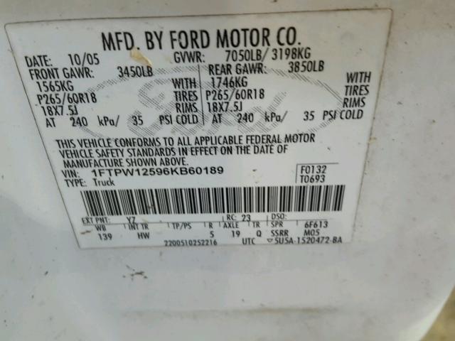 1FTPW12596KB60189 - 2006 FORD F150 SUPER WHITE photo 10