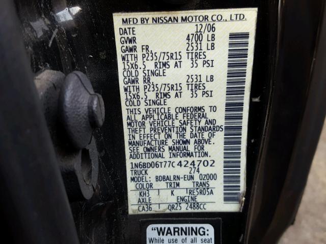 1N6BD06T77C424702 - 2007 NISSAN FRONTIER K BLACK photo 10