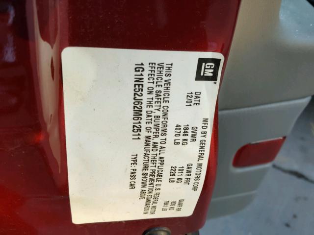 1G1NE52J62M612511 - 2002 CHEVROLET MALIBU LS მუქწითელი ფოტო 10