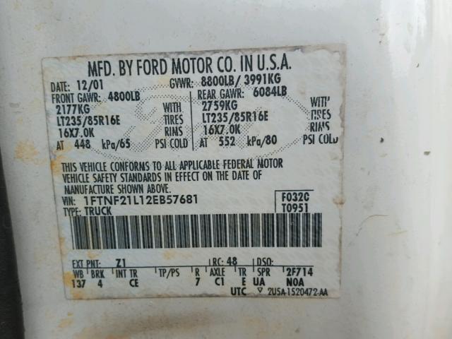 1FTNF21L12EB57681 - 2002 FORD F250 SUPER WHITE photo 10