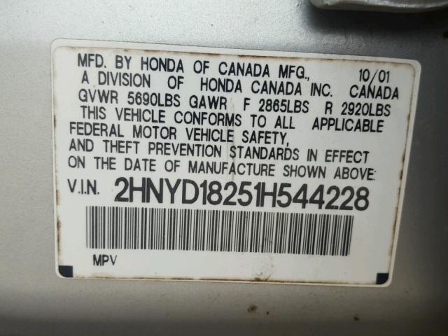 2HNYD18251H544228 - 2001 ACURA MDX SILVER photo 10