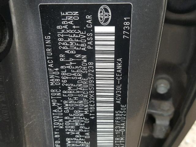 4T1BE32K85U957238 - 2005 TOYOTA CAMRY LE GRAY photo 10