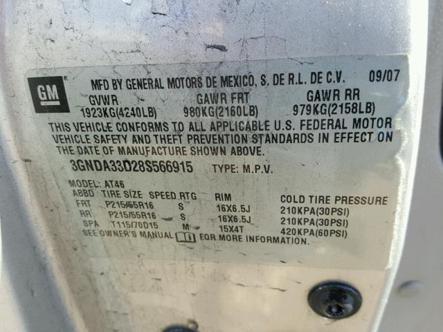 3GNDA33D28S566915 - 2008 CHEVROLET HHR LS SILVER photo 10