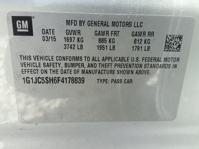 1G1JC5SH6F4178839 - 2015 CHEVROLET SONIC LT SILVER photo 10