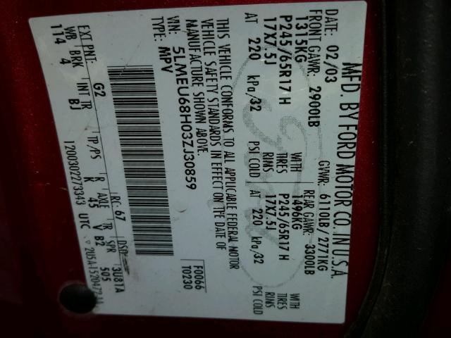 5LMEU68H03ZJ30859 - 2003 LINCOLN AVIATOR RED photo 10