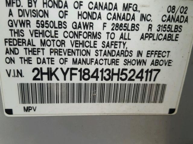 2HKYF18413H524117 - 2003 HONDA PILOT EX SILVER photo 10