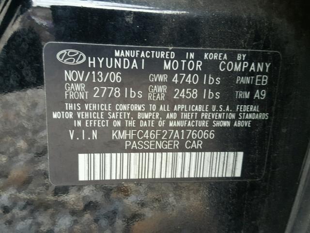 KMHFC46F27A176066 - 2007 HYUNDAI AZERA SE BLACK photo 10