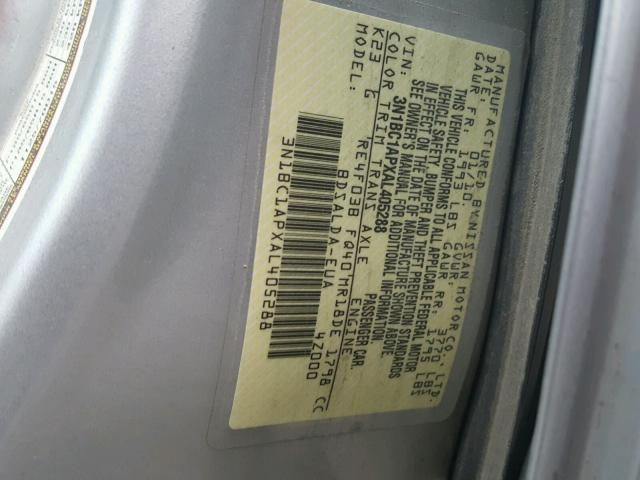 3N1BC1APXAL405288 - 2010 NISSAN VERSA S SILVER photo 10