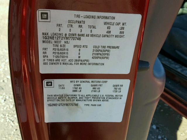 1G2NE12T2YM770746 - 2000 PONTIAC GRAND AM S RED photo 10