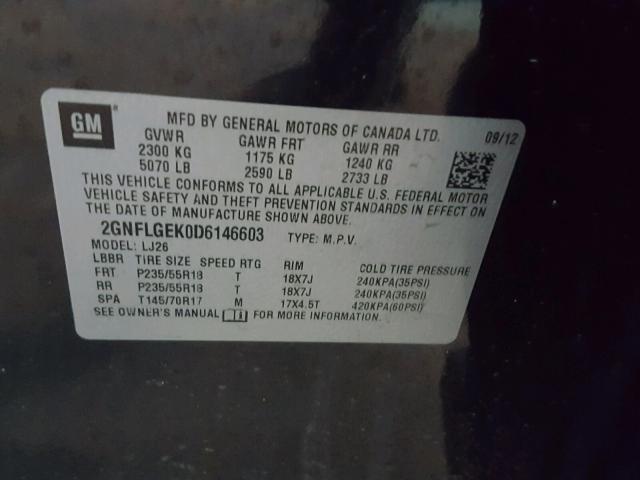 2GNFLGEK0D6146603 - 2013 CHEVROLET EQUINOX LT BLACK photo 10