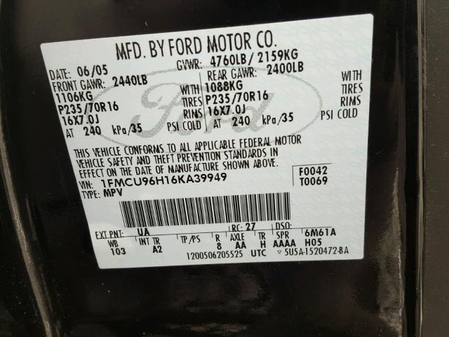 1FMCU96H16KA39949 - 2006 FORD ESCAPE HEV BLACK photo 10