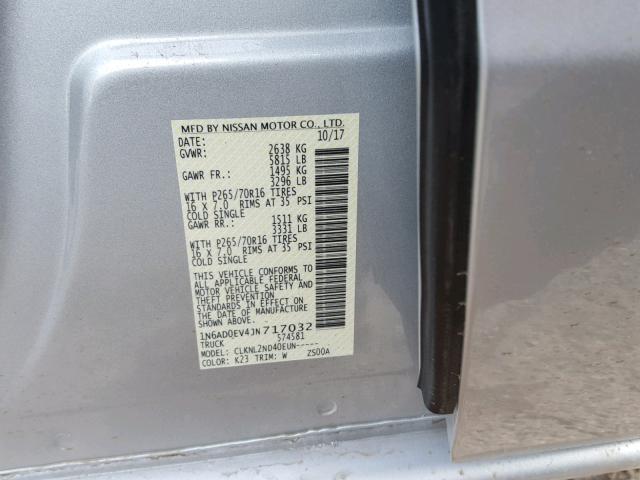 1N6AD0EV4JN717032 - 2018 NISSAN FRONTIER S SILVER photo 10