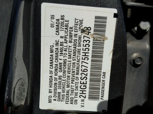 2HGES26775H553748 - 2005 HONDA CIVIC EX GRAY photo 10